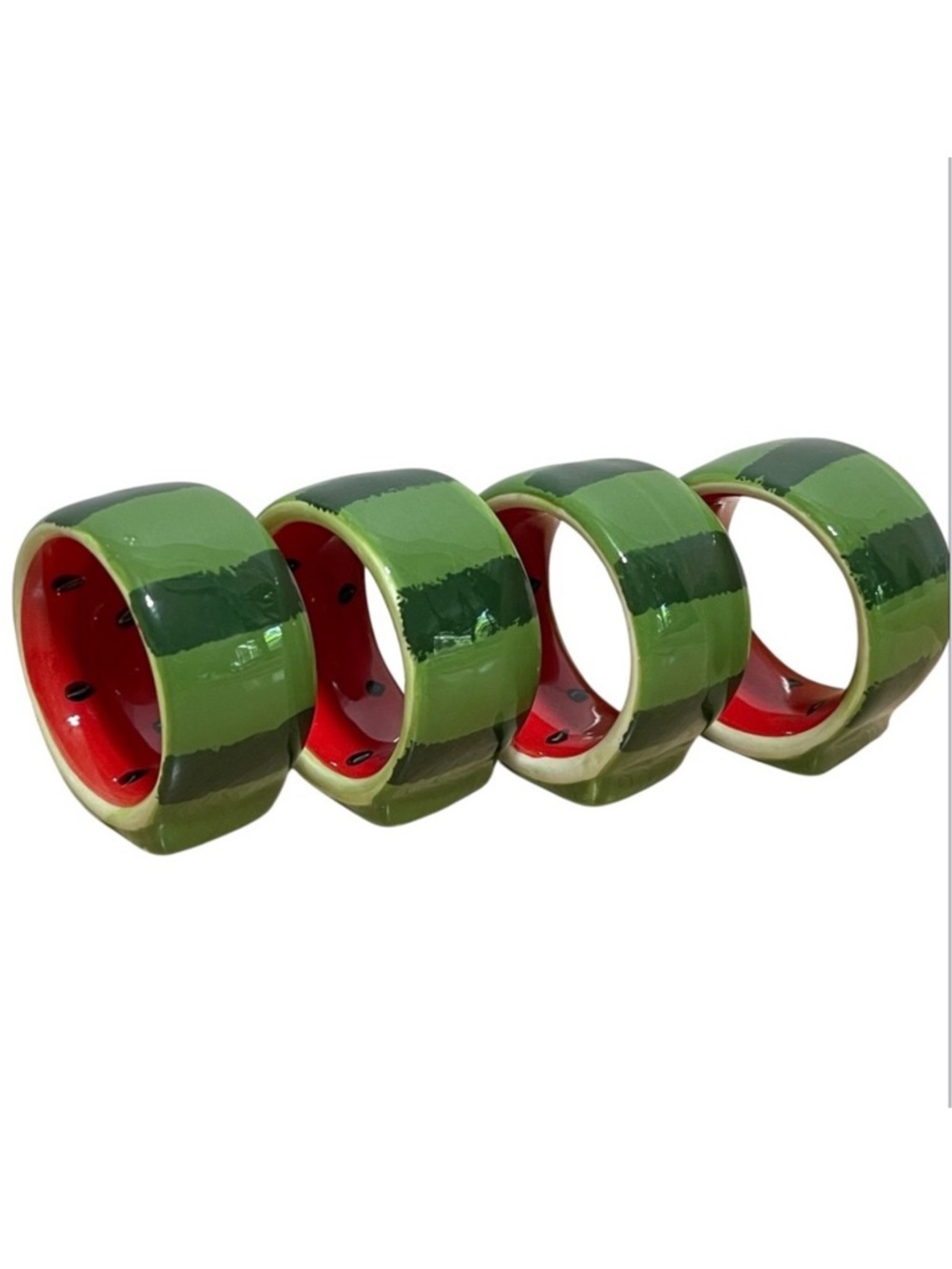 Porcelain Watermelon Slice Napkin Rings Flat Bottom Green & Red Vintage Set of 4